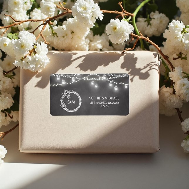 Schwarz-weiß Wedding Mason Jar String Lights Adressaufkleber (Von Creator hochgeladen)