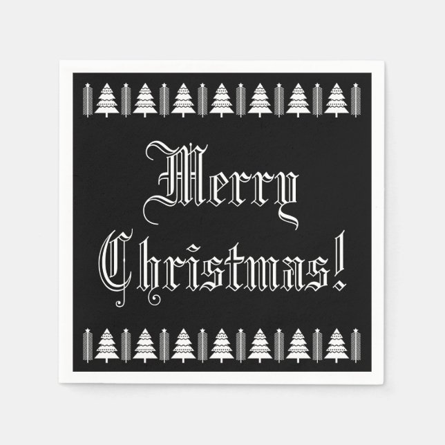 Schwarz-Weiß Weihnachtsbaum Custom Text Moderner Serviette (Vorderseite)