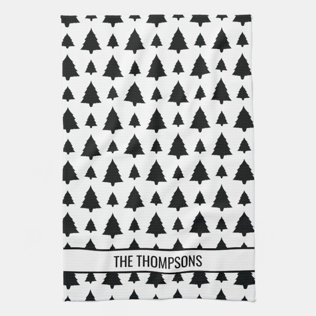 Schwarz-Weiß Weihnachtsbaum Muster & Text Geschirrtuch (Vertikal)