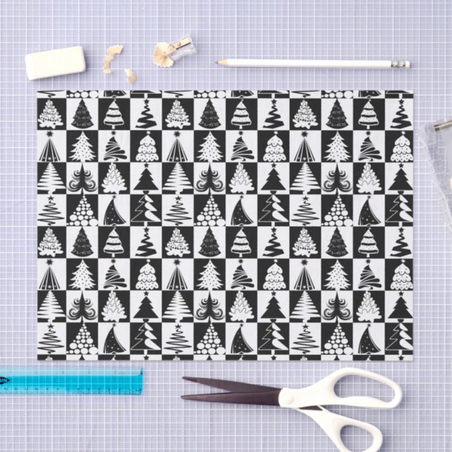 Schwarz-Weiß Weihnachtsbaum Urlaubsmuster Seidenpapier (Handwerk)