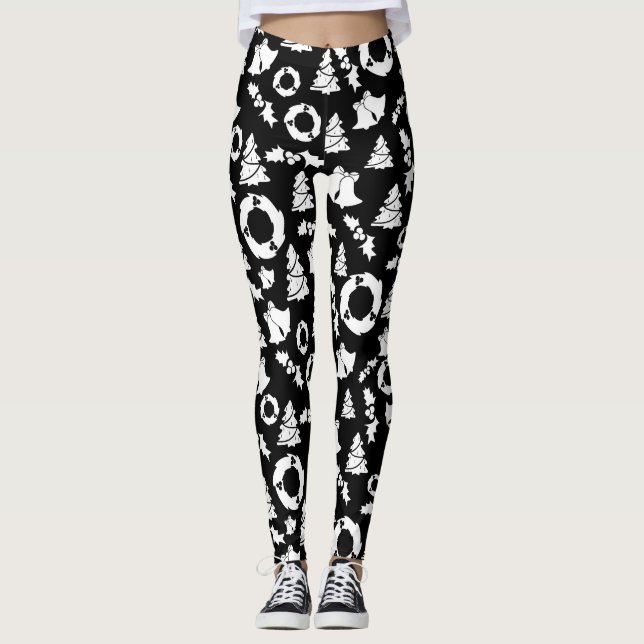 Schwarz-Weiß-Weihnachtsmuster Leggings (Vorderseite)