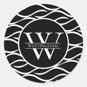 Schwarz-Weiß-Wellenmuster-Monogramm mit Namen Runder Aufkleber