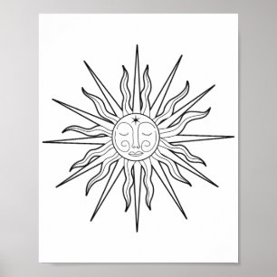 Schwarz-Weiß-whimsical-Sonne-Himmelsastrologie Poster