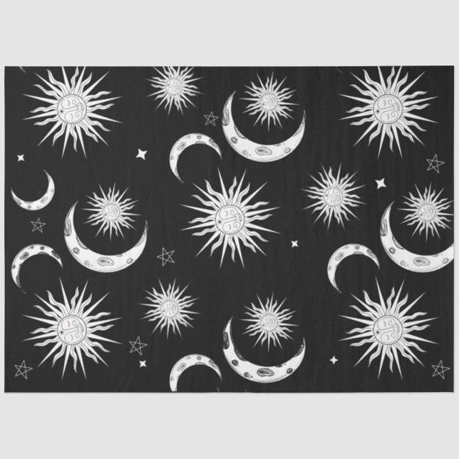 Schwarz & Weiß Whimsical Sun Celestial Geburtstag Seidenpapier (Vorderseite)