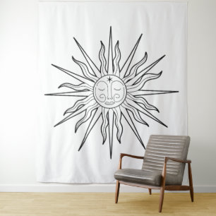Schwarz-weiß-whimsicaler Sonnen-Himmelshintergrund Wandteppich