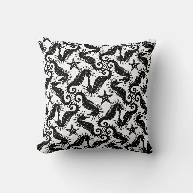 Schwarz-Weiß-Wiederholungsmotiv | Seepferd Muster Kissen (Vorderseite)