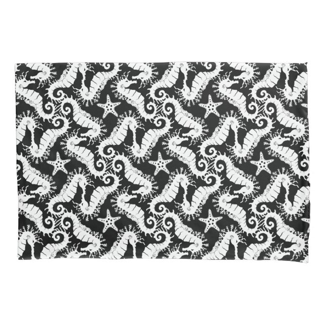 Schwarz-Weiß-Wiederholungsmotiv | Seepferd Muster Kissenbezug (Vorderseite)