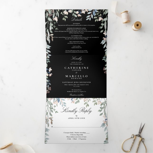 Schwarz-Weiß-Wildblumen Foto Hochzeit Dreifach Gefaltete Einladung (Innenseite)