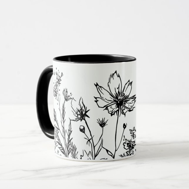 Schwarz-Weiß-Wildblumen Tasse (Vorderseite Links)