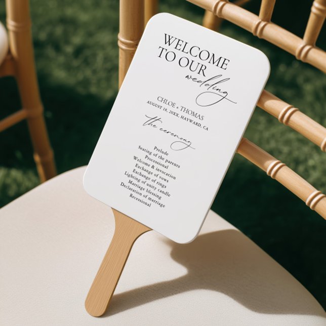 Schwarz & Weiß Willkommen Hochzeitsprogramm Handfä Fächer (Black & White Welcome Wedding Program Hand Fan)