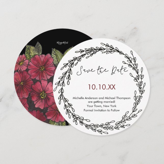 Schwarz-weiß Wine Floral Botanical Save the Date Einladung (Vorne/Hinten)