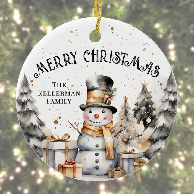 Schwarz-weiß Winter Frohe Weihnachten Keramik Ornament (Black White Winter Snowman Merry Christmas Ceramic Ornament )