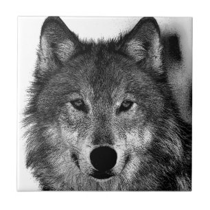 Schwarz-Weiß-Wolf-Augen-Artwork Fliese