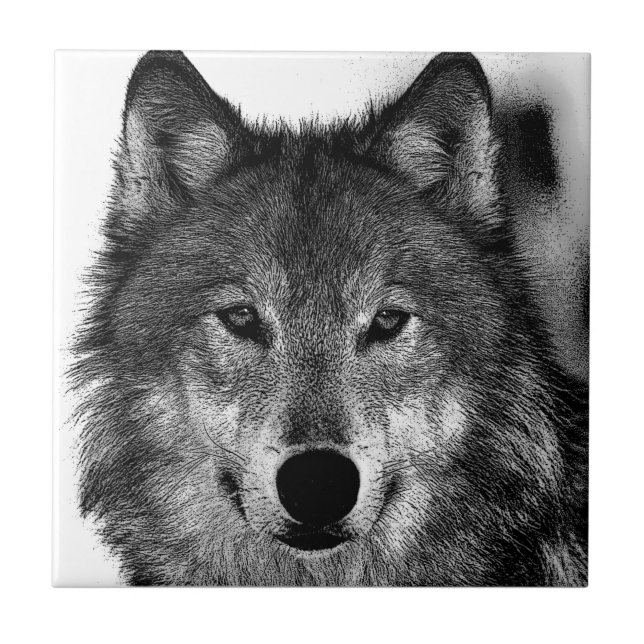 Schwarz-Weiß-Wolf-Augen-Artwork Fliese (Vorderseite)
