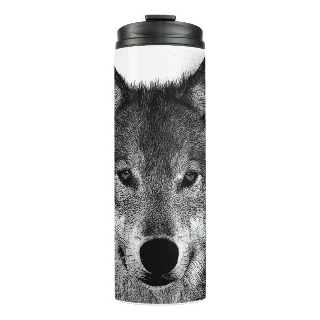 Schwarz-Weiß-Wolf-Augustift Thermosbecher (Vorderseite)