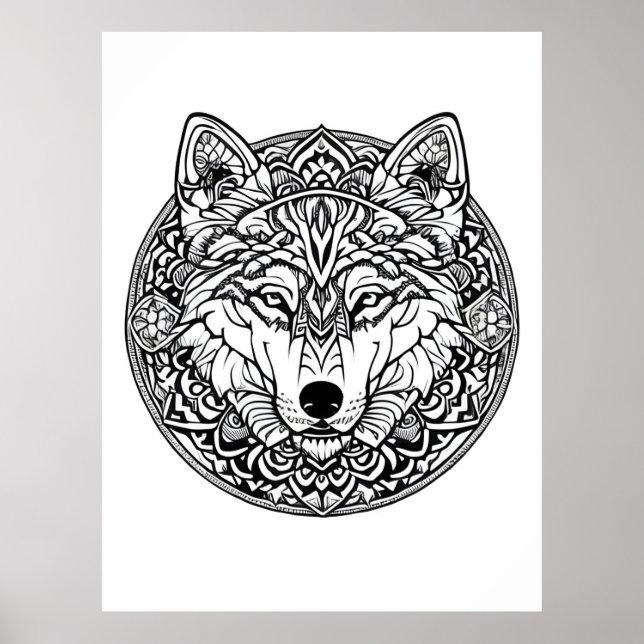 Schwarz-Weiß-Wolf-Farbstil Poster (Vorne)
