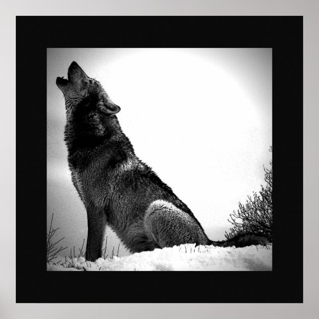 Schwarz-Weiß-Wolf-Howling bei Moon Poster Print (Vorne)