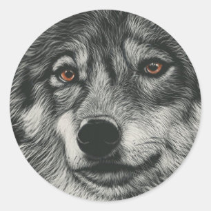 Schwarz-Weiß-Wolf-Illustration Runder Aufkleber