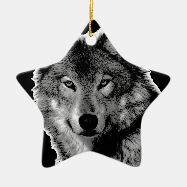 Schwarz-Weiß-Wolf Keramik Ornament (Vorne)