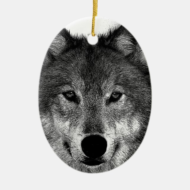 Schwarz-Weiß-Wolf Keramik Ornament (Vorne)