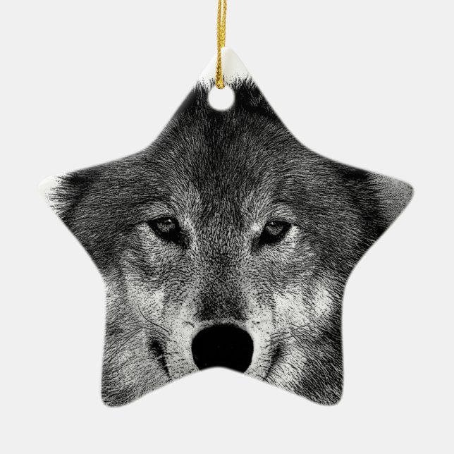 Schwarz-Weiß-Wolf Keramik Ornament (Vorne)