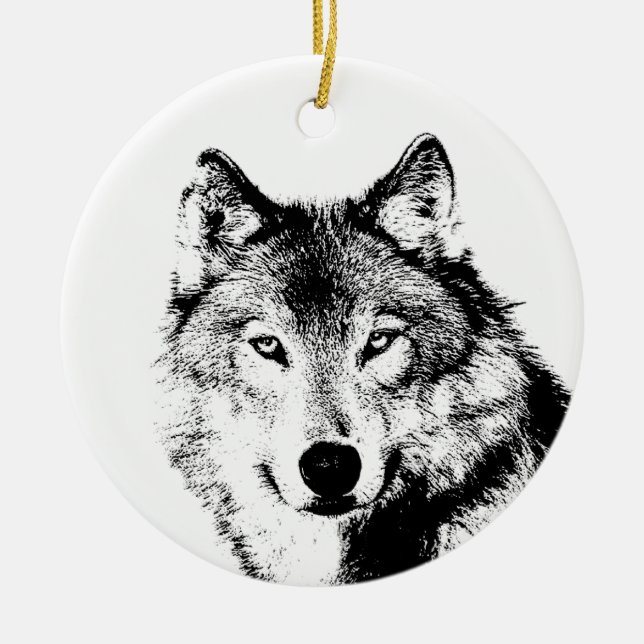 Schwarz-Weiß-Wolf Keramikornament (Vorne)