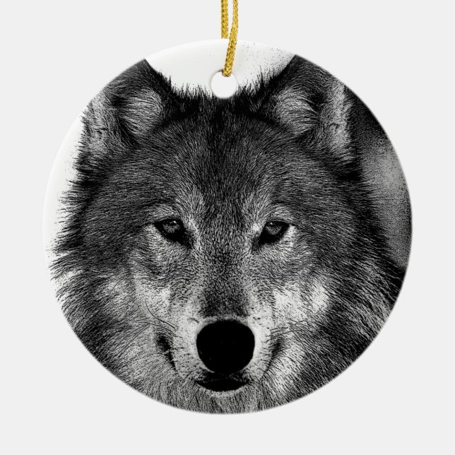Schwarz-Weiß-Wolf Keramikornament (Vorne)