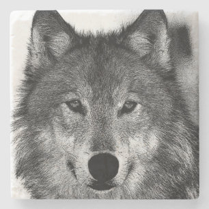 Schwarz-Weiß-Wolf-Kunstwerk Steinuntersetzer