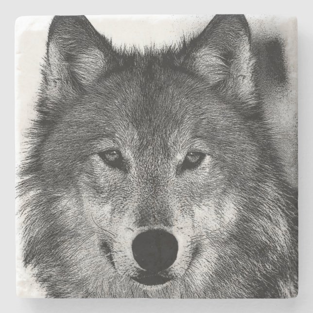 Schwarz-Weiß-Wolf-Kunstwerk Steinuntersetzer (Vorderseite)