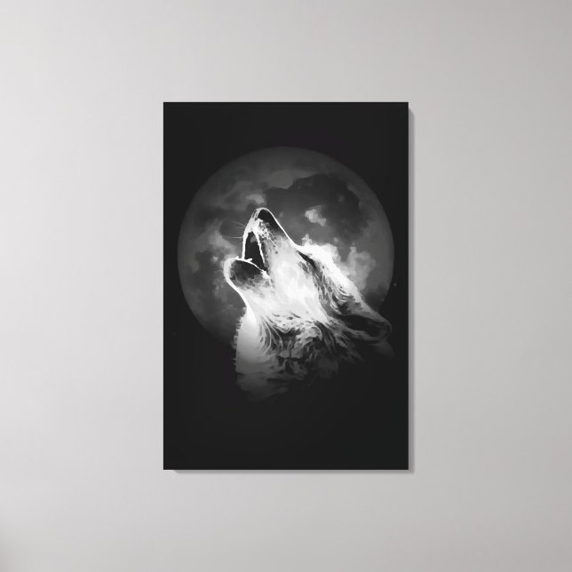 Schwarz & Weiß Wolf & Mond Leinwanddruck (Vorderseite)
