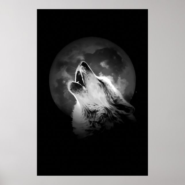 Schwarz & Weiß Wolf & Mond Poster (Vorne)