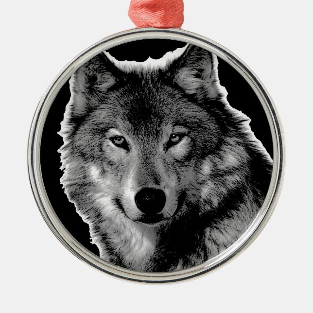 Schwarz-Weiß-Wolf Silbernes Ornament (Vorne)