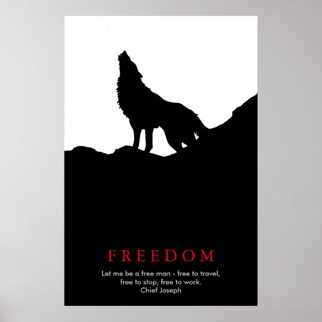 Schwarz-Weiß-Wolf-Silhouette auf einem Hügel Poster (Vorne)