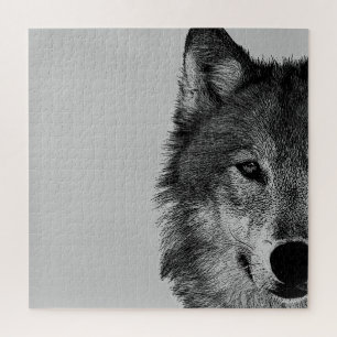 Schwarz-Weiß-Wolfauge-Kunstwerk Puzzle