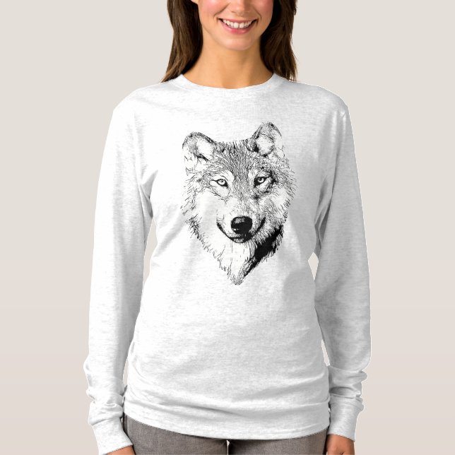 Schwarz-Weiß-Wolfzeichnung T-Shirt (Vorderseite)