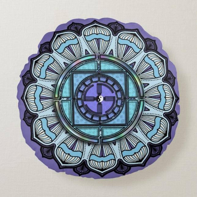 Schwarz-weiß Yin Yang auf Lavender Aqua Mandala Rundes Kissen (Vorderseite)
