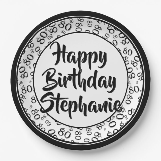 Schwarz/Weiß-Zahlenmuster des 80. Party Pappteller (Vorderseite)