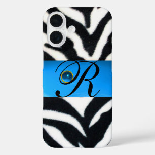 SCHWARZ-WEISS ZEBRA FUR AQUA BLUE GEM MONOGRAM iPhone 16 HÜLLE