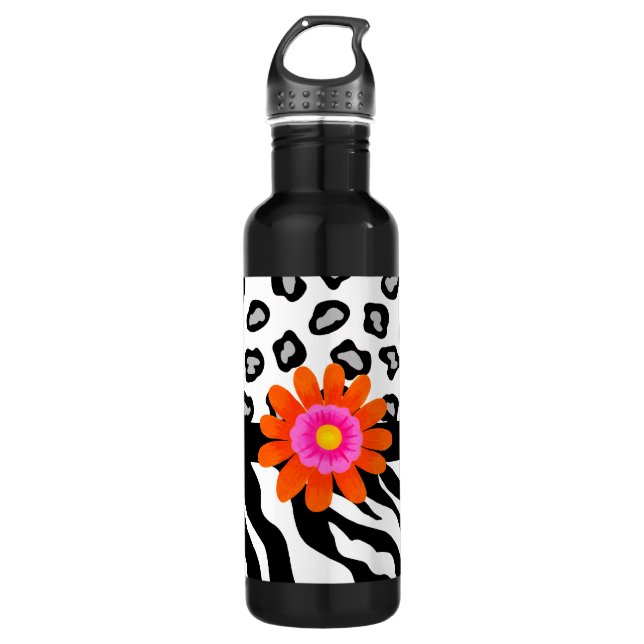 Schwarz-Weiß-Zebra & Geparden-Blume Edelstahlflasche (Vorderseite)