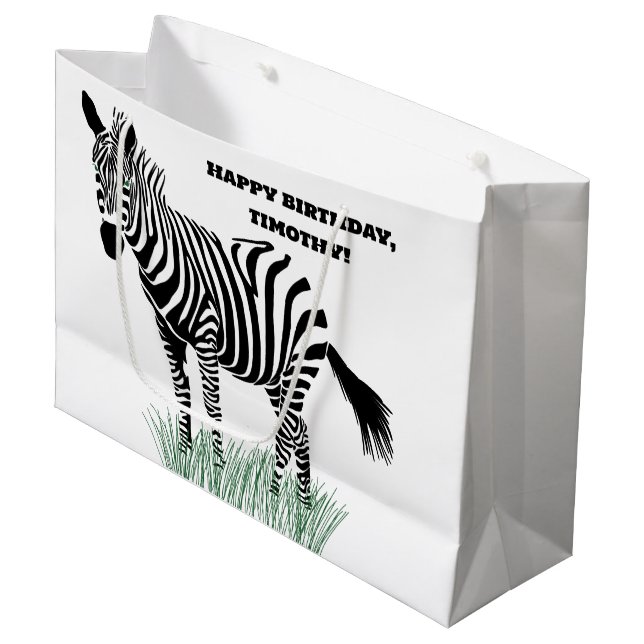 Schwarz-Weiß-Zebra im Gras Große Geschenktüte (Vorderseite Schrägansicht)