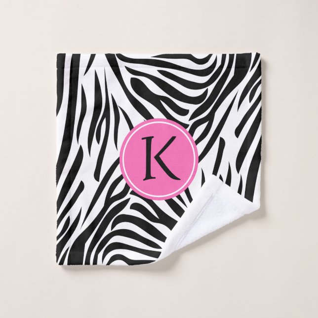 Schwarz-Weiß-Zebra-Monogramm-Druck mit Hot-Rosa Badhandtuch Set (Waschlappen)