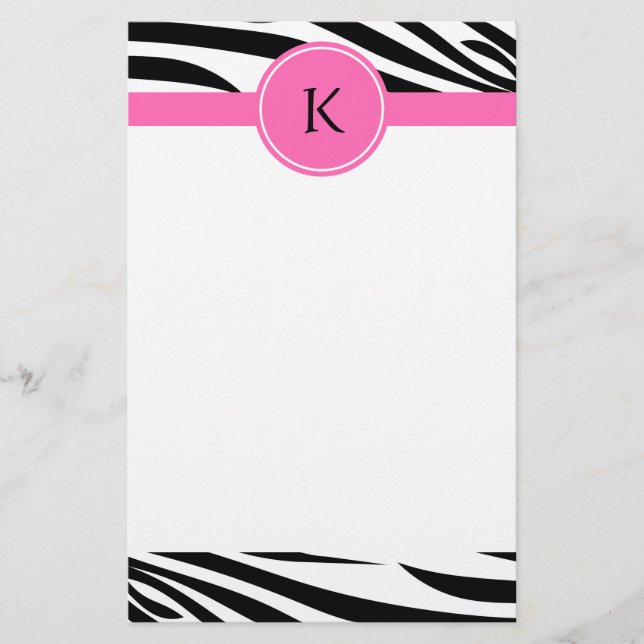 Schwarz-Weiß-Zebra-Monogramm-Druck mit Hot-Rosa Briefpapier (Vorderseite)