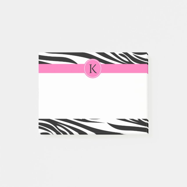 Schwarz-Weiß-Zebra-Monogramm-Druck mit Hot-Rosa Post-it Klebezettel (Vorderseite)