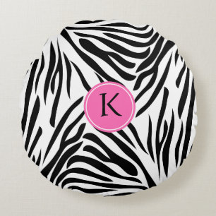 Schwarz-Weiß-Zebra-Monogramm-Druck mit Hot-Rosa Rundes Kissen