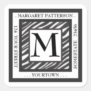 Schwarz-Weiß-Zebra-Monogramm-Platz-Adressenbezeic Quadratischer Aufkleber