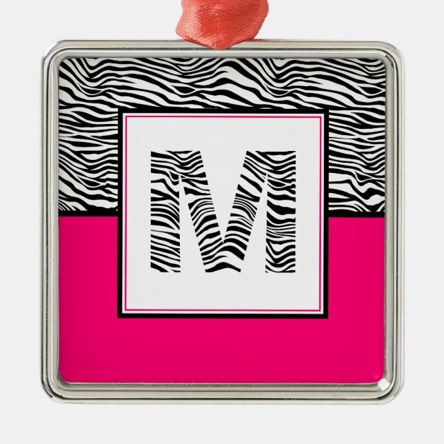 Schwarz/Weiß #Zebra Print Monogram | Heiß rosa Ornament Aus Metall (Vorne)