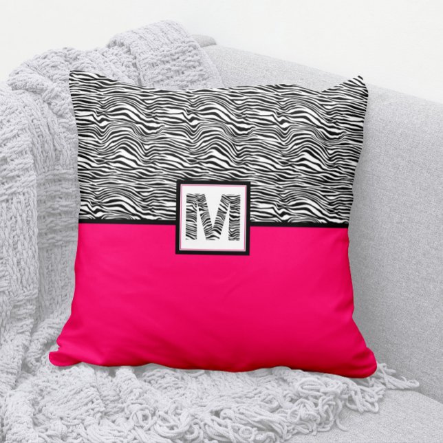 Schwarz-Weiß-Zebra-Print-Monogramm | Heiß rosa Kissen (Cute Hot Pink and Zebra Print Pillow with Zebra Monogram)
