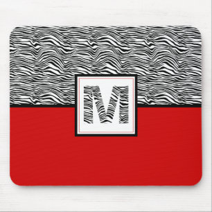 Schwarz-Weiß-Zebra-Print-Monogramm   Rot Mousepad
