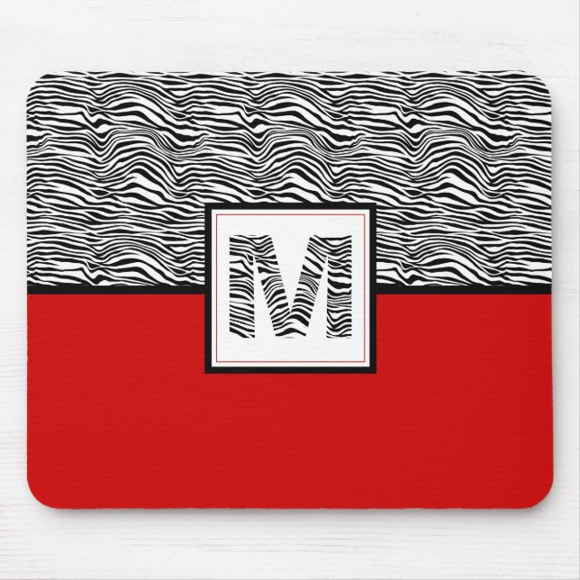 Schwarz-Weiß-Zebra-Print-Monogramm | Rot Mousepad (Vorne)