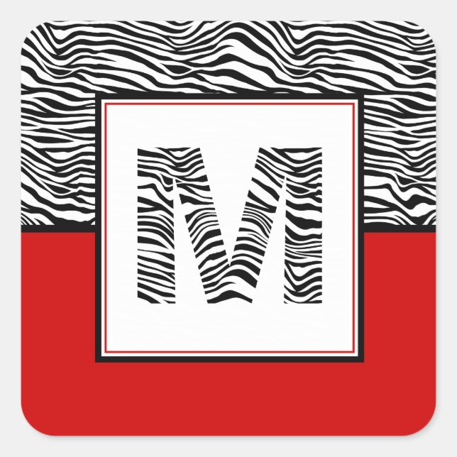 Schwarz-Weiß-Zebra-Print-Monogramm | Rot Quadratischer Aufkleber (Vorderseite)